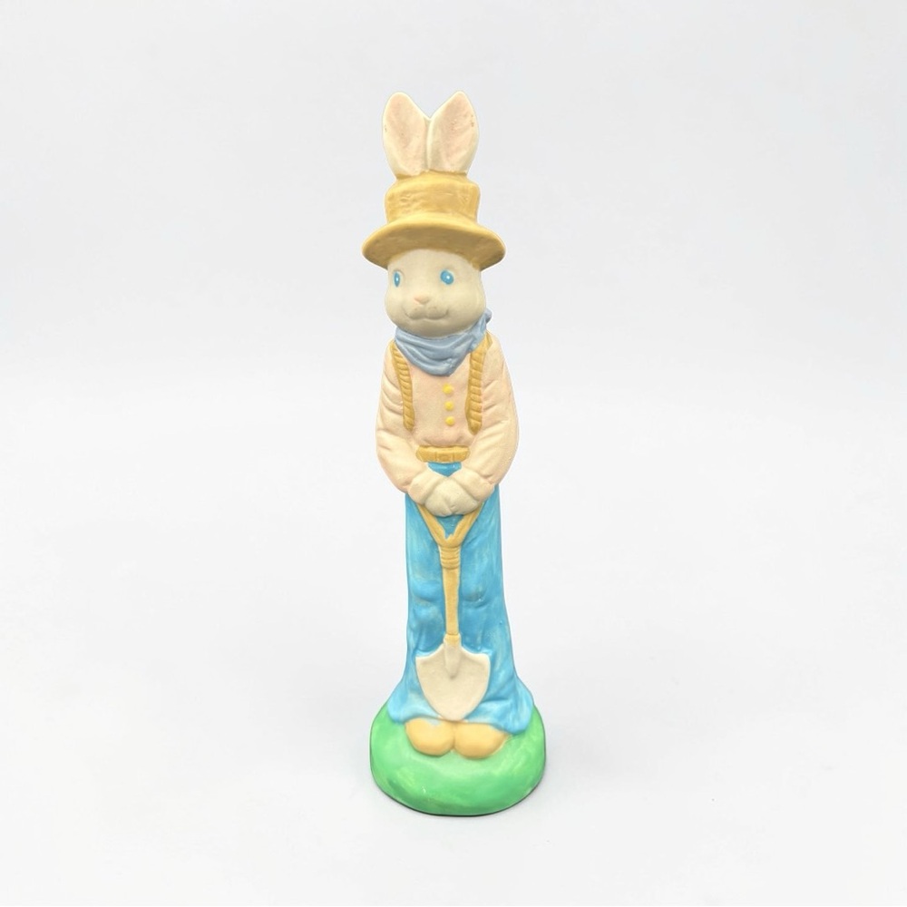 Vintage Boy Easter Bunny Bell Decor, w/Shovel & Carrots 7.5" Anthropomorphic EUC